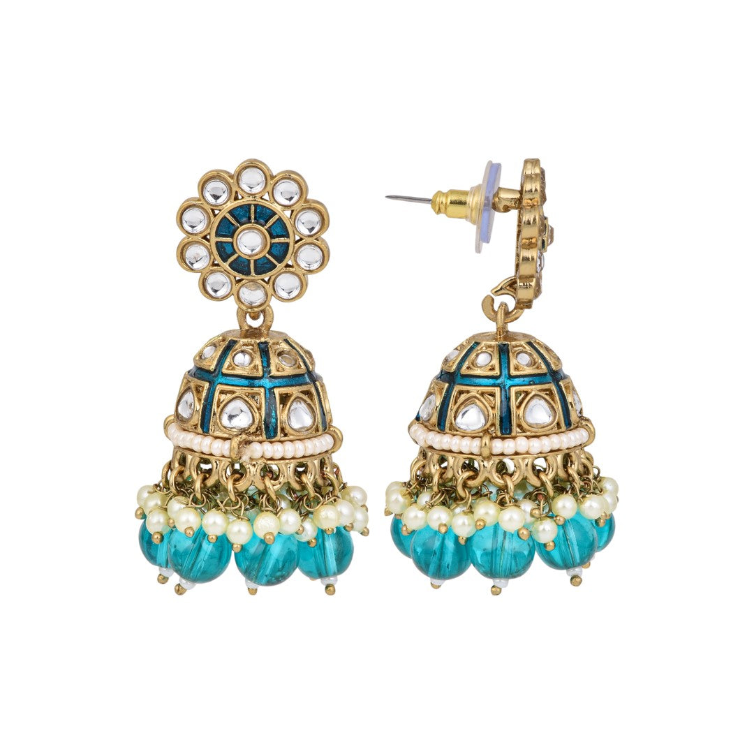 Gold plated kundan & Blue Meenakari Jhumka Earring