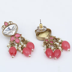 Gold plated Kundan & Pearl drop Earrings- Pink