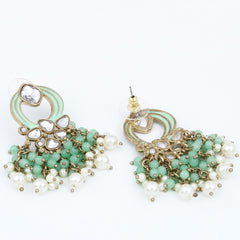 Gold-Plated Meenakari Stud Earrings with Kundan & Pearl Cluster drops - Sage green