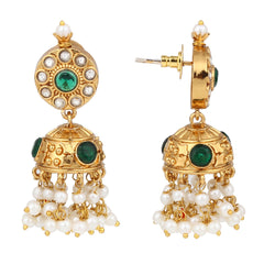 Gold-Plated Kemp Stone Necklace Set with Jhumka Earrings Green