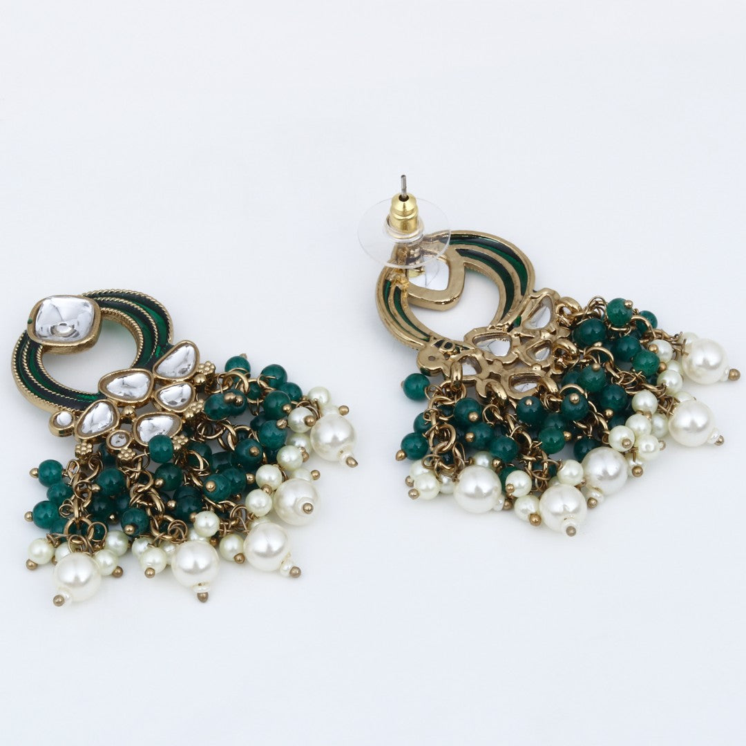Gold-Plated Meenakari Stud Earrings with Kundan & Pearl Cluster drops - Green