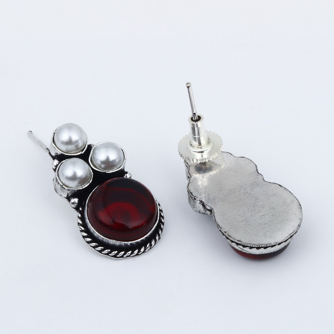 Silver Oxidised finish Pearl & Stone  pendant Set Maroon