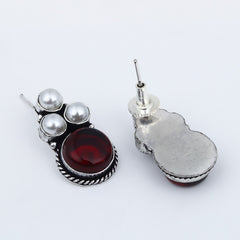 Silver Oxidised finish Pearl & Stone  pendant Set Maroon