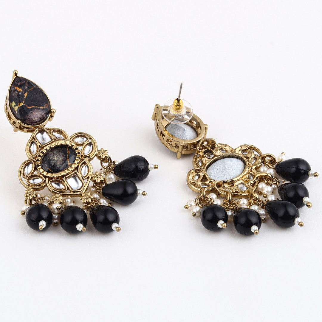 Gold-Plated Black Kundan Chandelier Earrings with Bead Drops