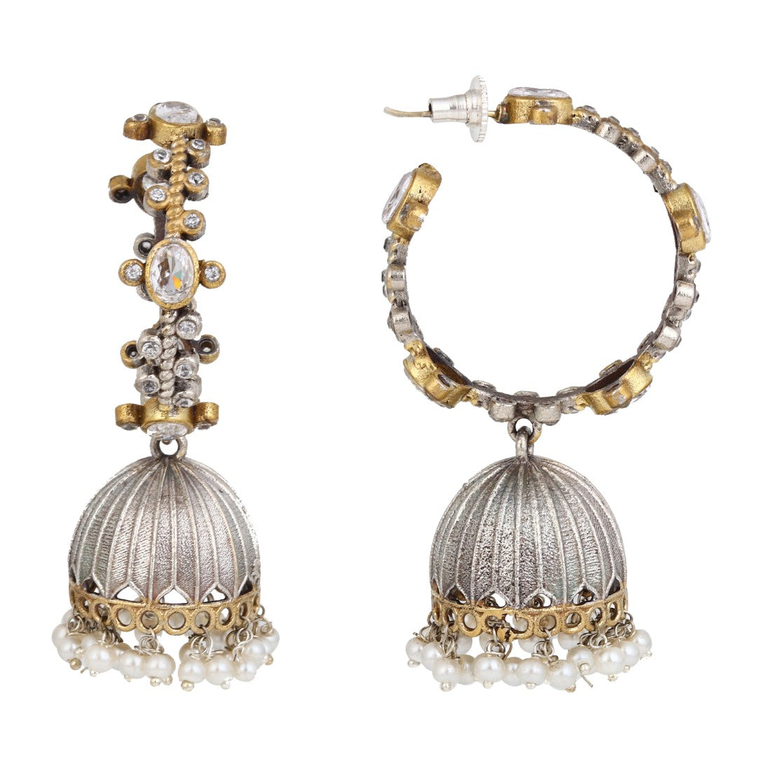 Two-Tone Brass Stone-Studded Jhumka Earrings