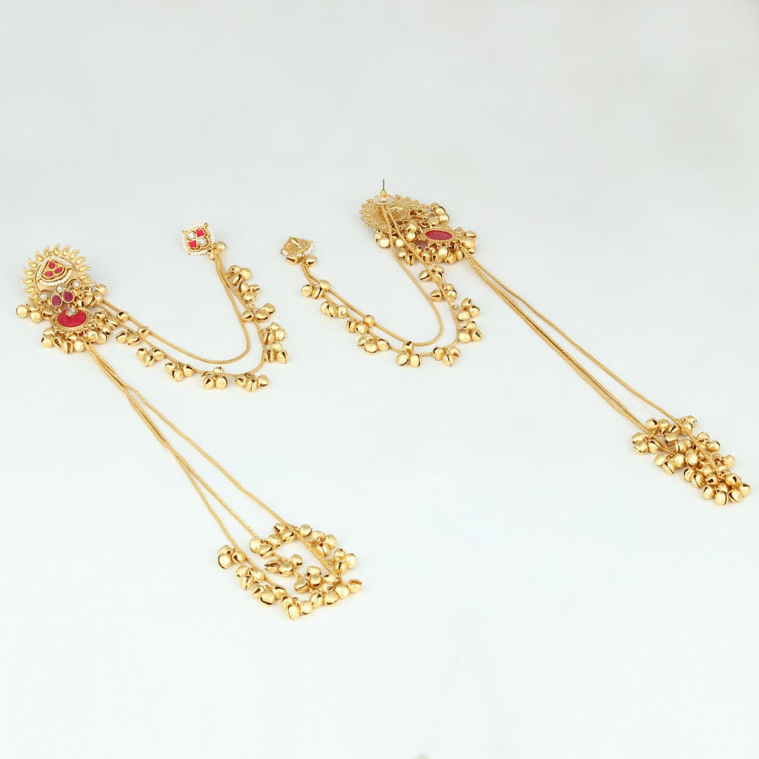 Gold plated, long Kashmiri earring with Ear chains Red
