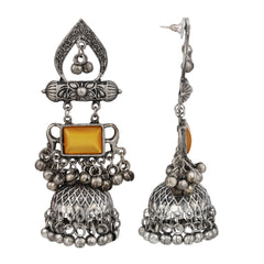 Silver oxydised lightweight long Jhumka with Yellow Stone