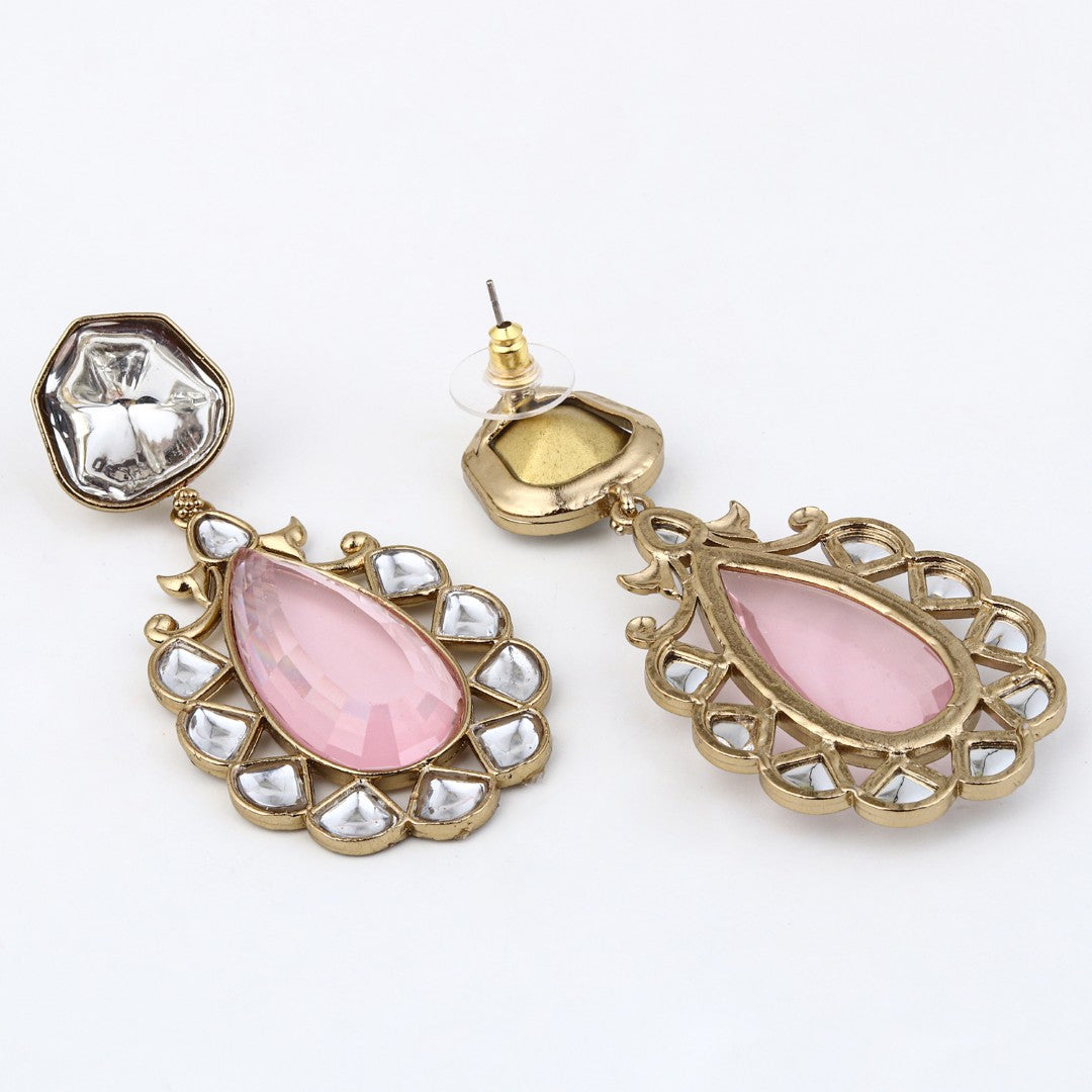 Gold-Plated Pink Kundan Teardrop Earrings for Women
