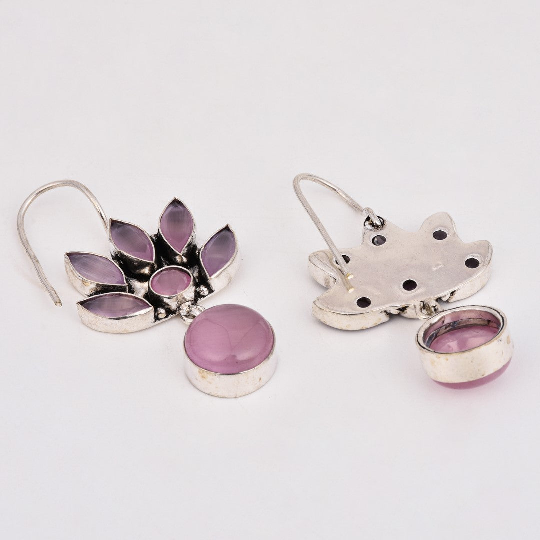 Silver Oxidized Lotus Drop Earrings Pink