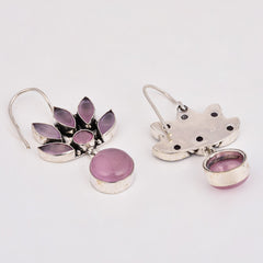 Silver Oxidized Lotus Drop Earrings Pink
