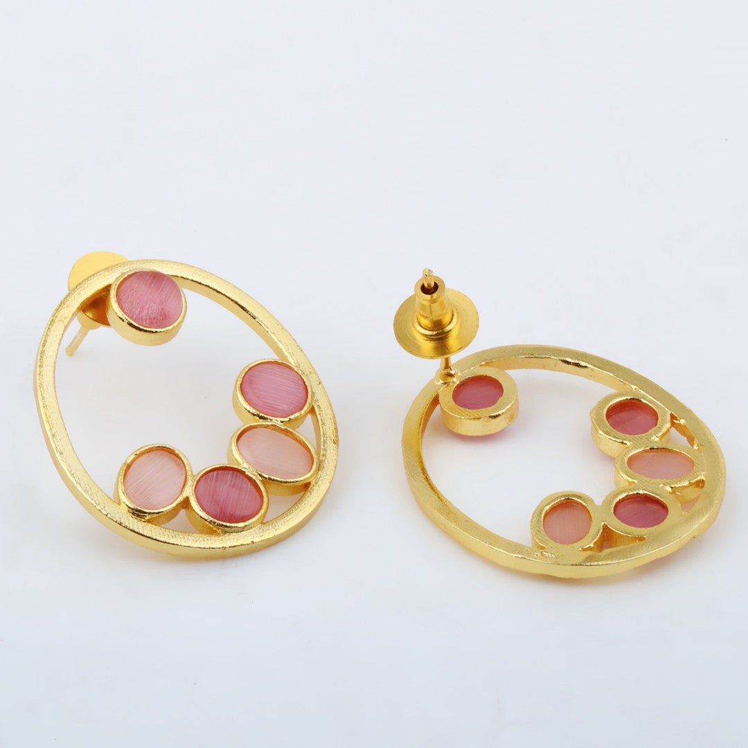 Pink Stone Gold-Toned Oval Statement Earrings