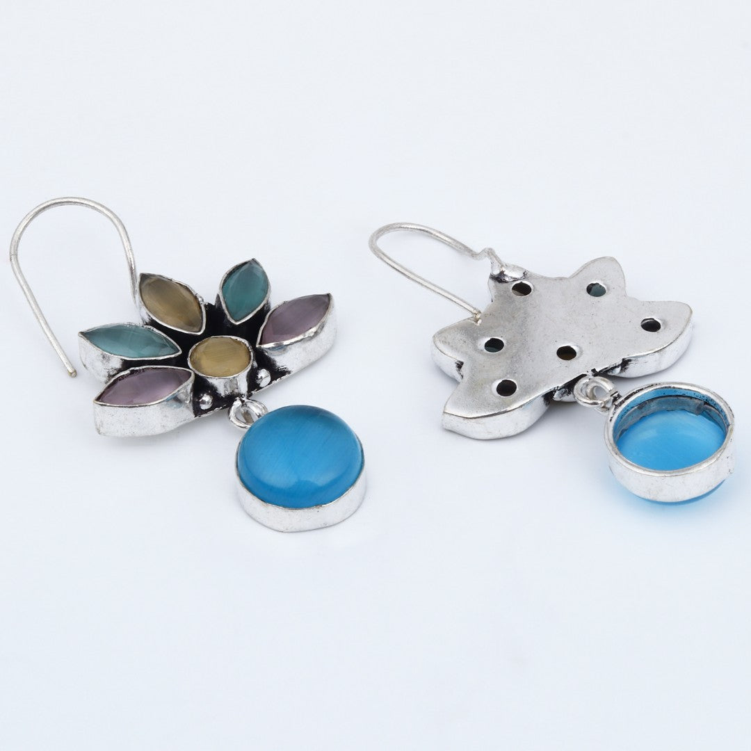 Silver Oxidized Lotus Drop Earrings Multi