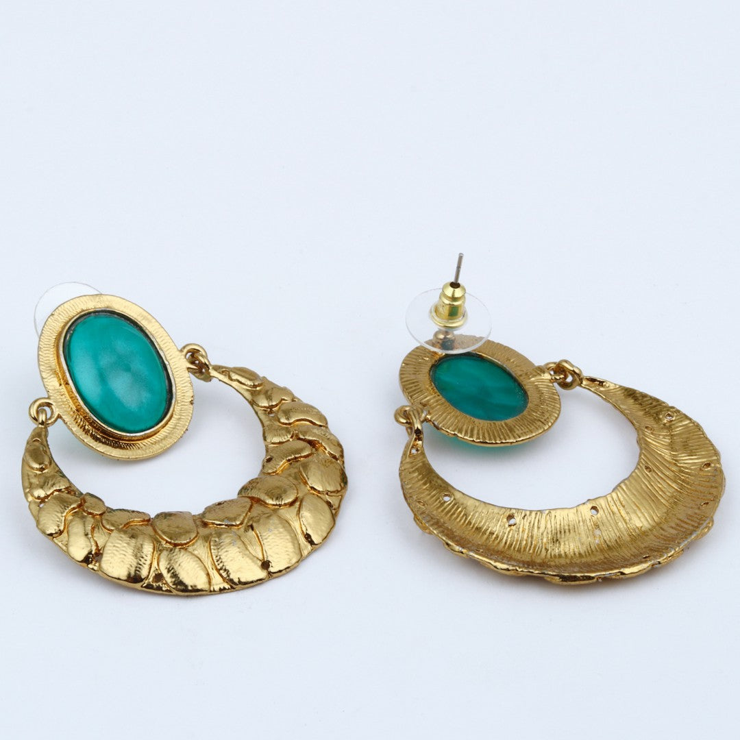 Kiara Teal Stone Textured Gold Hoop Earrings