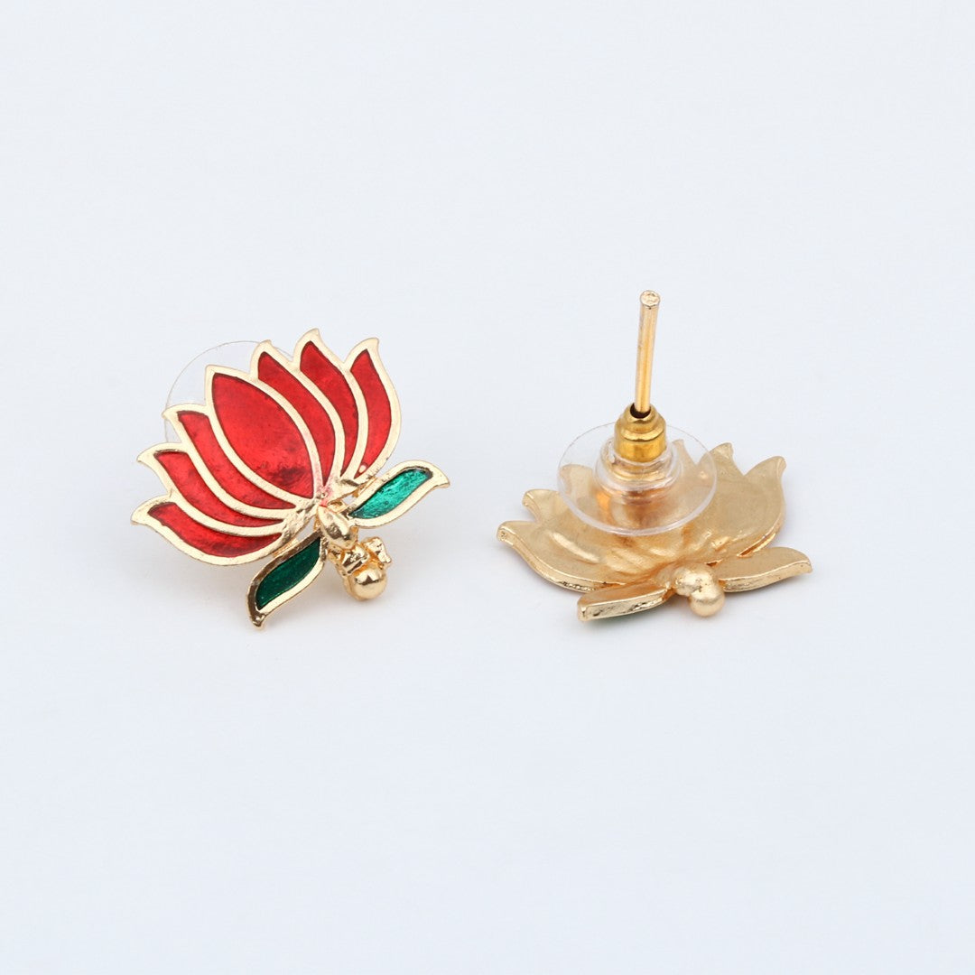 Gold Plated Delicate Lotus Necklace Set - Red