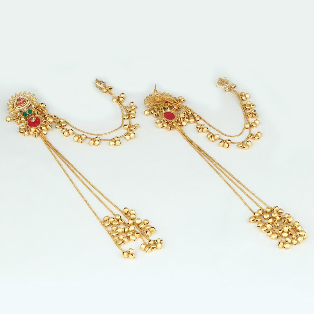 Gold plated, long Kashmiri earring with Ear chains