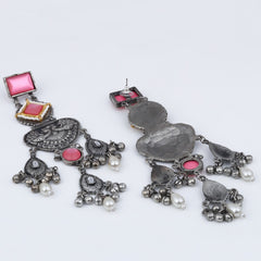 Silver oxydised lightweight long Drop Earring with Pink Stone