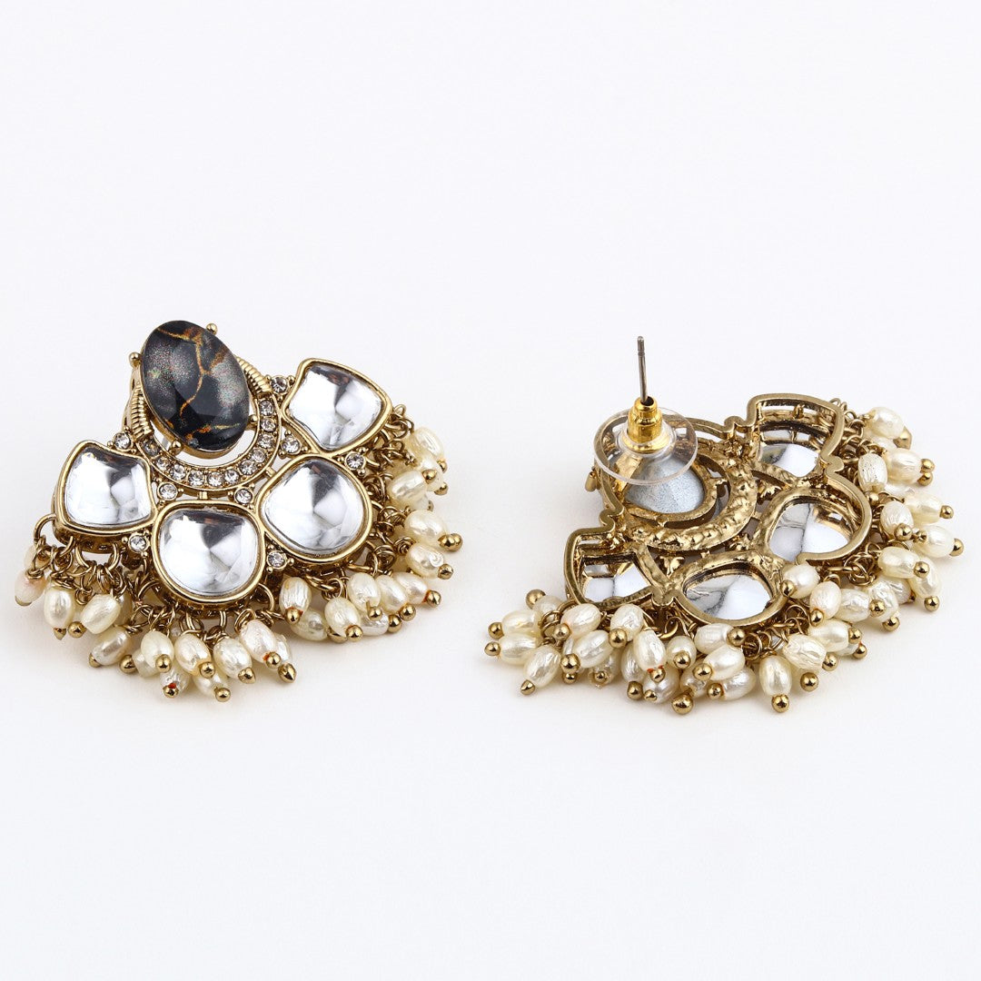 Gold-Plated Black Kundan Half Chandbali Earrings