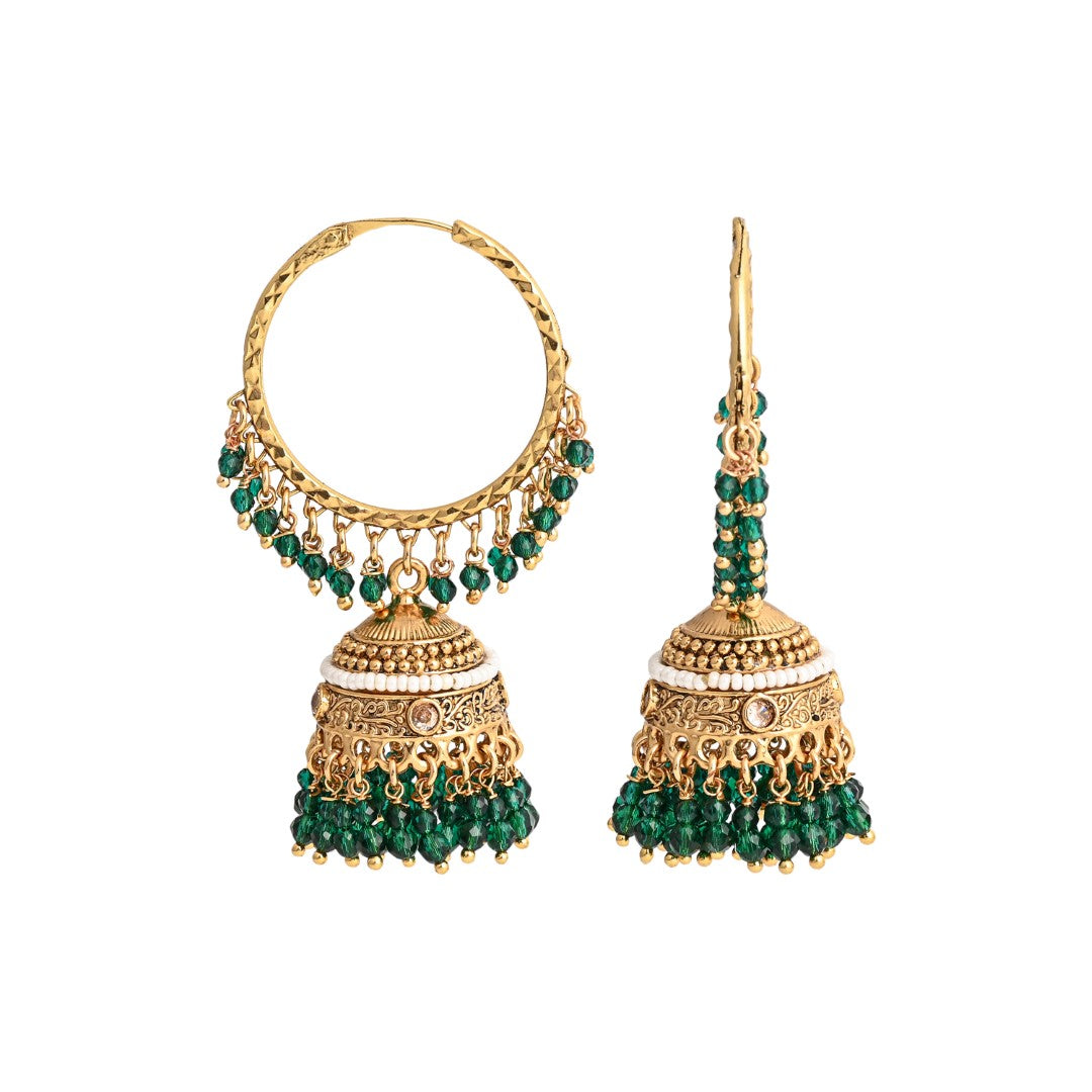 Ethnic hoops with Jhumka drop Green