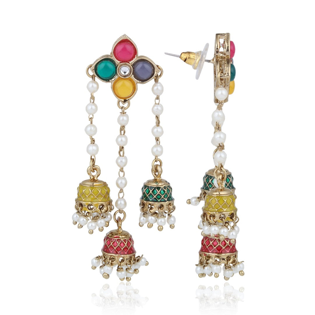 Kundan Pearl Tassel Statement Earrings - Multi