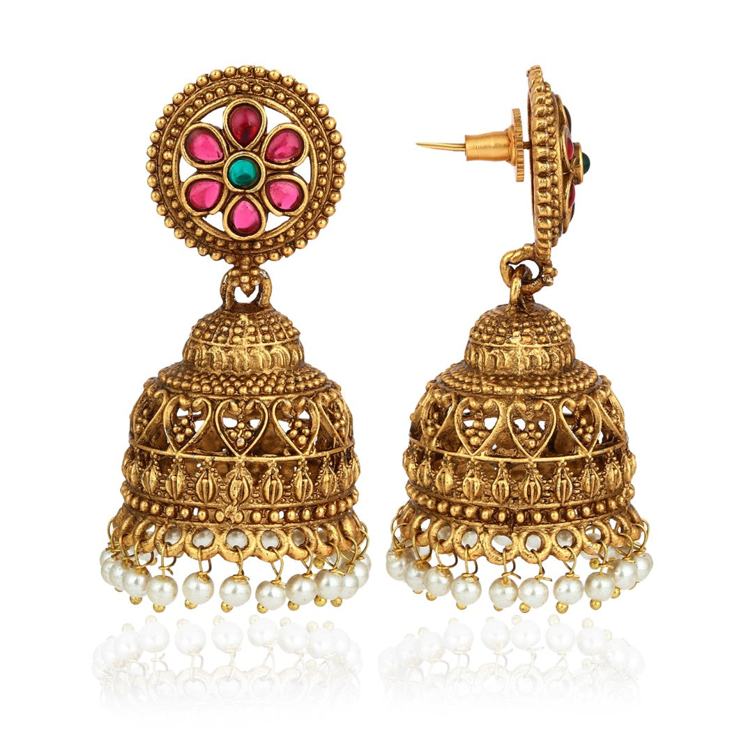 Floral Ruby Emerald Jhumka Earrings