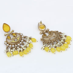 Gold-Plated Meenakari Chandbali Earrings with Kundan & Pearl Drops - Yellow