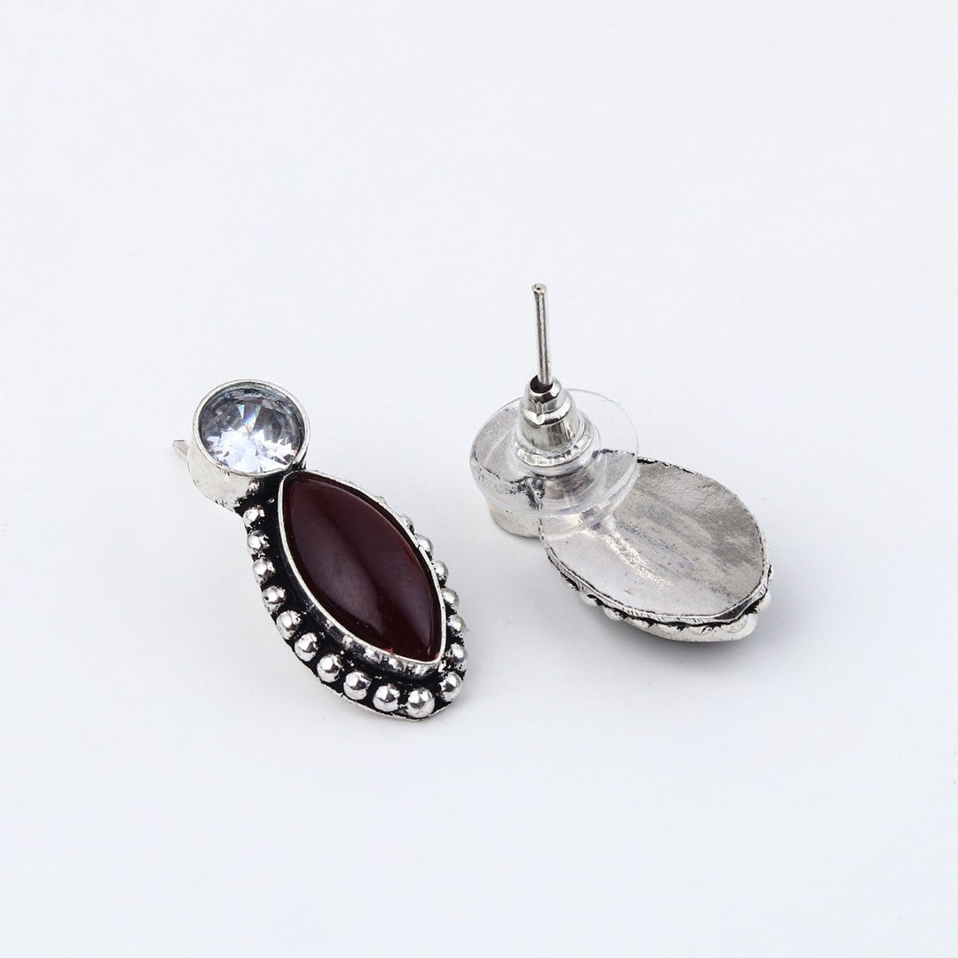 Silver-Tone Maroon Stone Statement Earring