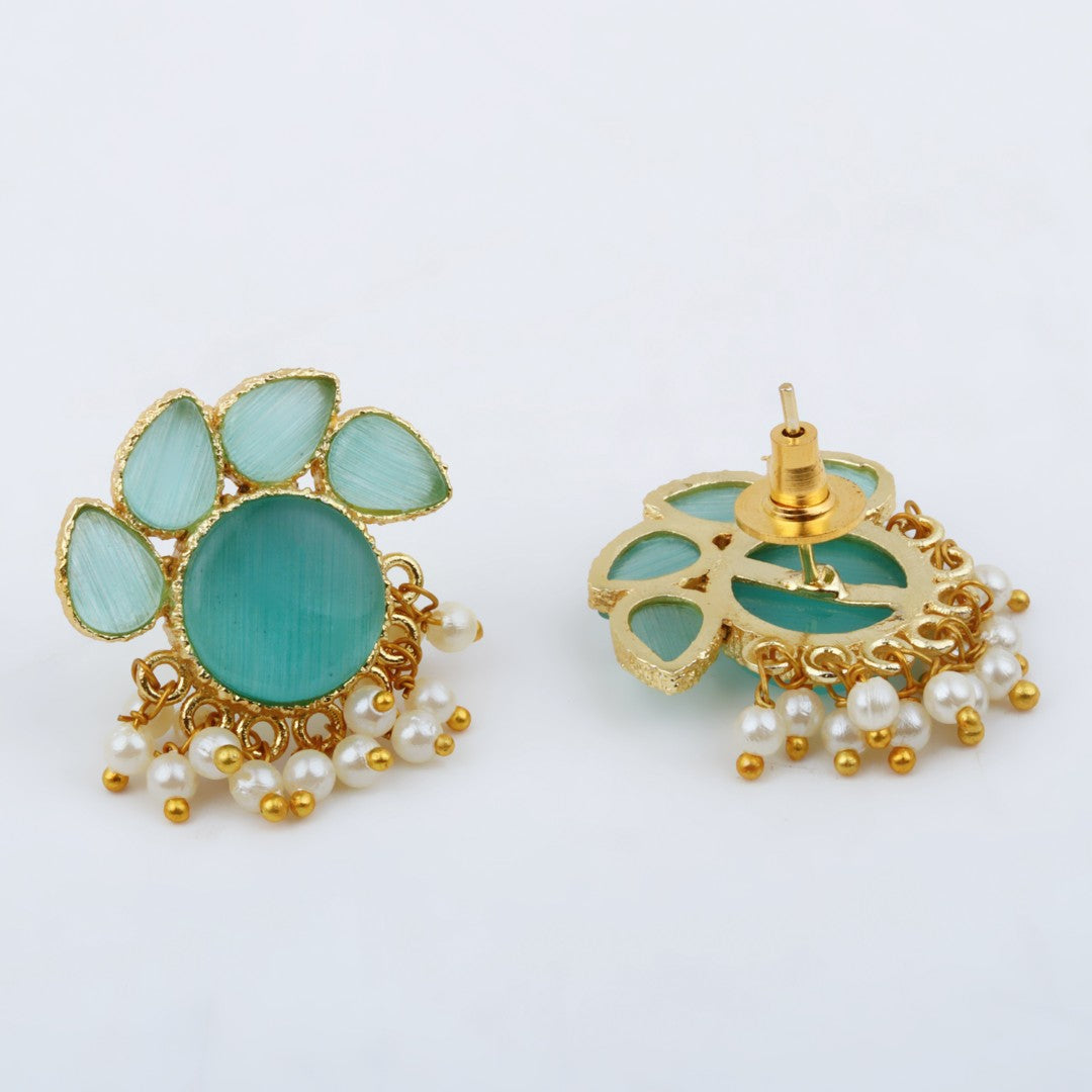 Stone Gold-Toned Earrings with Pearl Drops - Blue