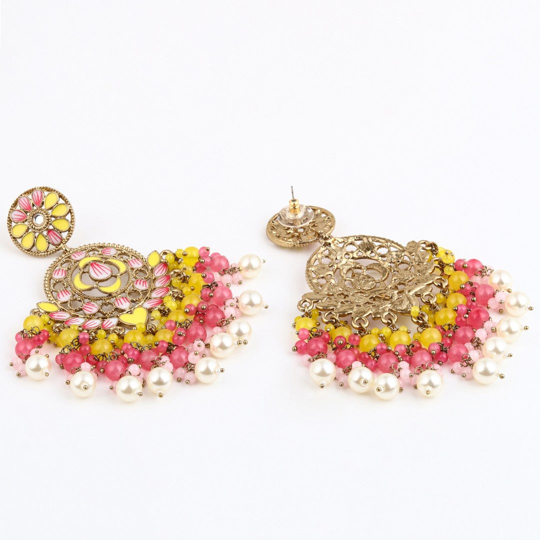 Vibrant Yellow & Pink Chandelier Pearl Drop Earrings
