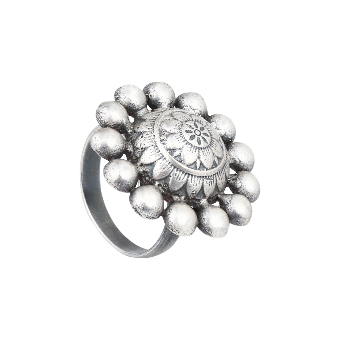 Handcrafted Oxidised Silver Floral Statement Ring