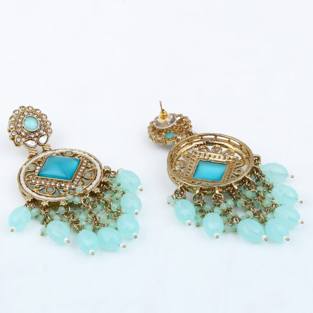 Gold-Toned Kundan Drop Earrings with Turquoise Stones and Bead Fringe