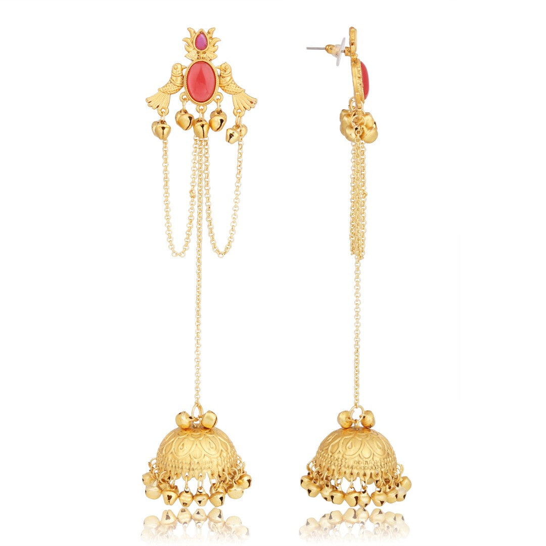 ruby Red Temple Jhumka Earrings with Chain Tassels