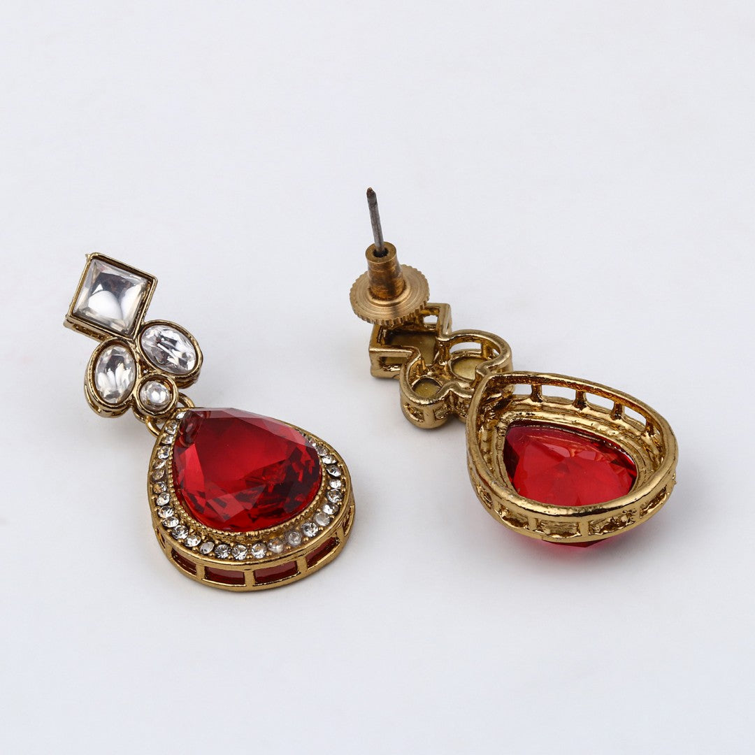 Gold-Toned Teardrop Kundan Crystal Drop Earrings for Women Pink