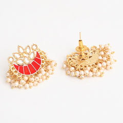 Gold-Plated Brass Half Moon Studs with Meenakari Red