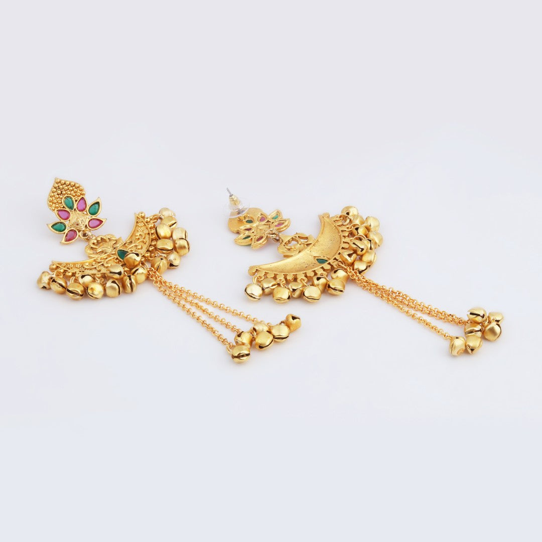Multicolor Temple Chandbali Earrings with Ghungroo Chain Tassels