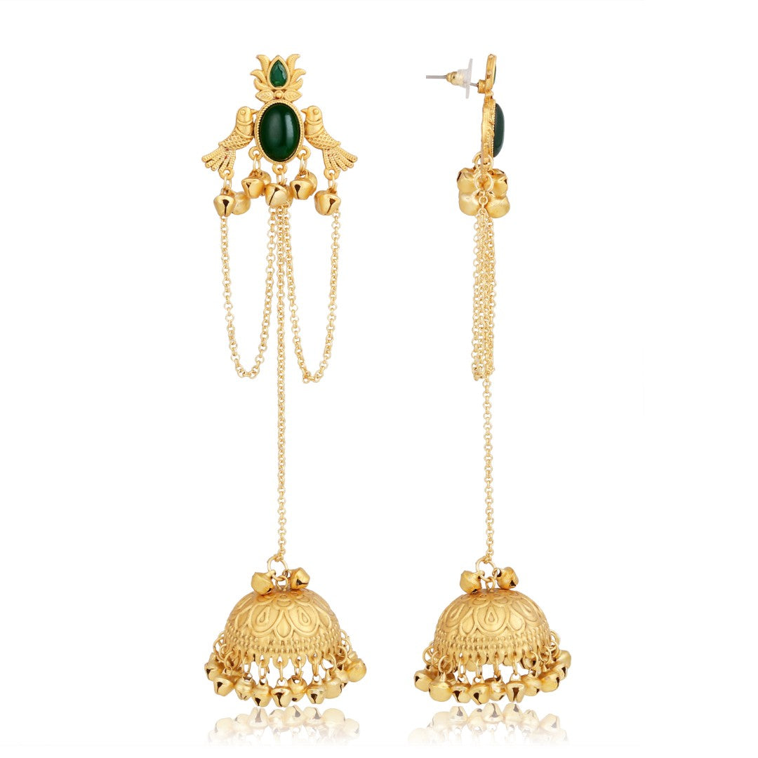 Emerald Green Temple Jhumka Earrings with Chain Tassels