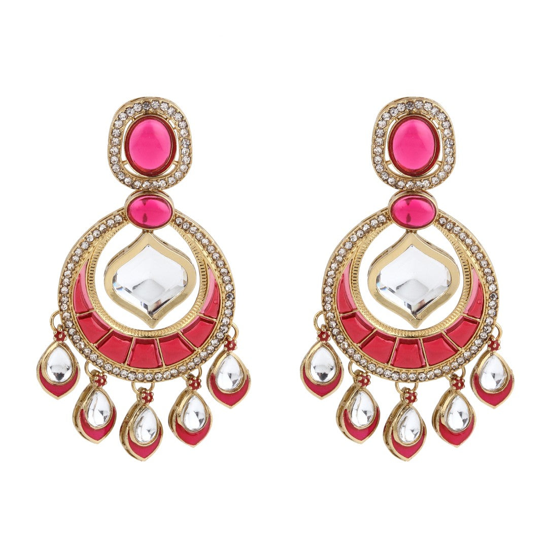 Kundan Chandbali Earrings with Teardrop Danglers- Pink
