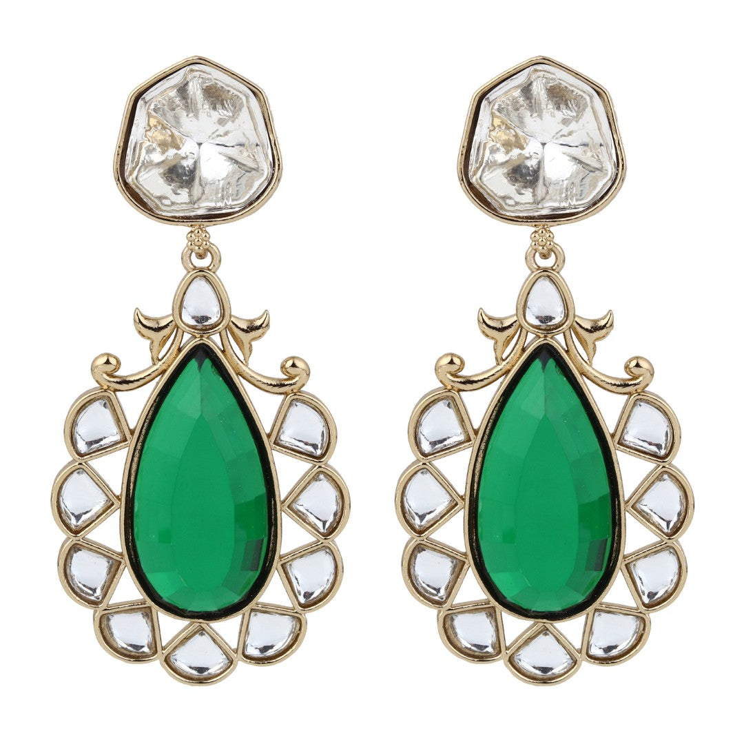 Gold-Plated Emerald Green Kundan Teardrop Earrings for Women