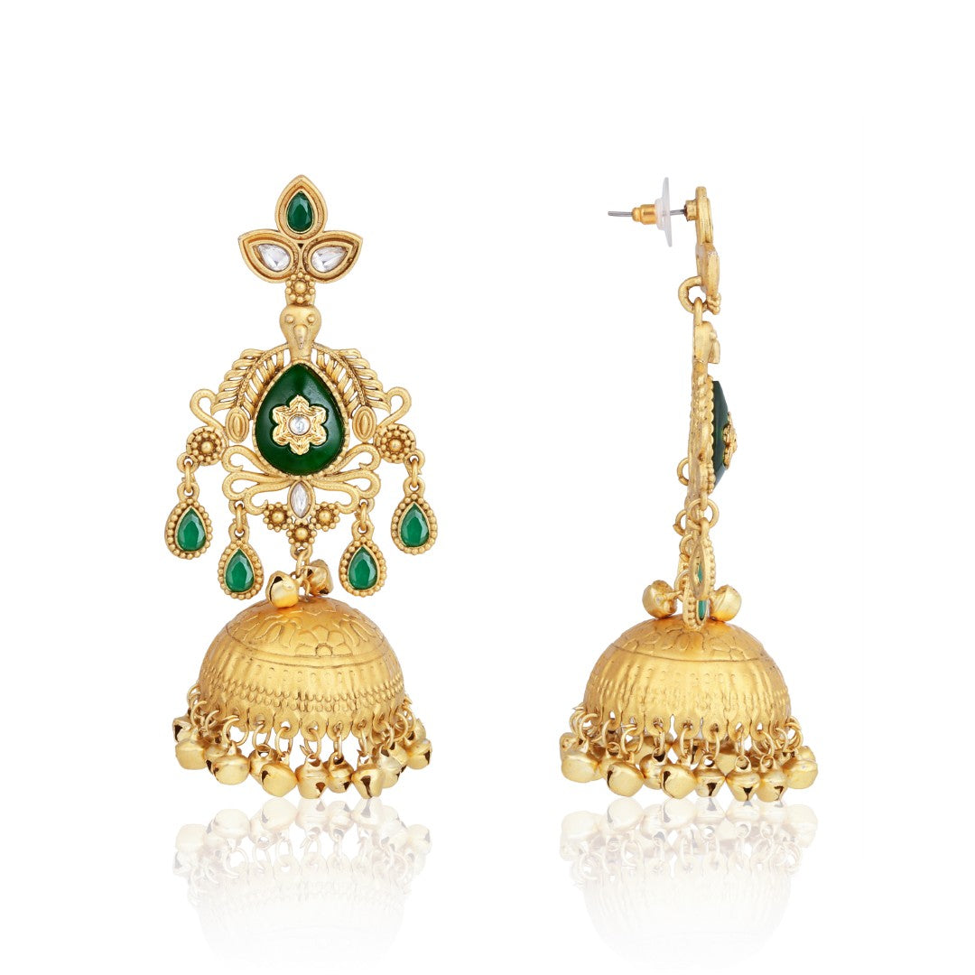 Emerald Green Temple Jhumka Earrings with Ghungroo Drops