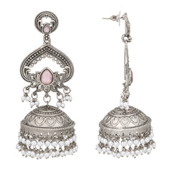 Silver plated long Jhumka - Pink