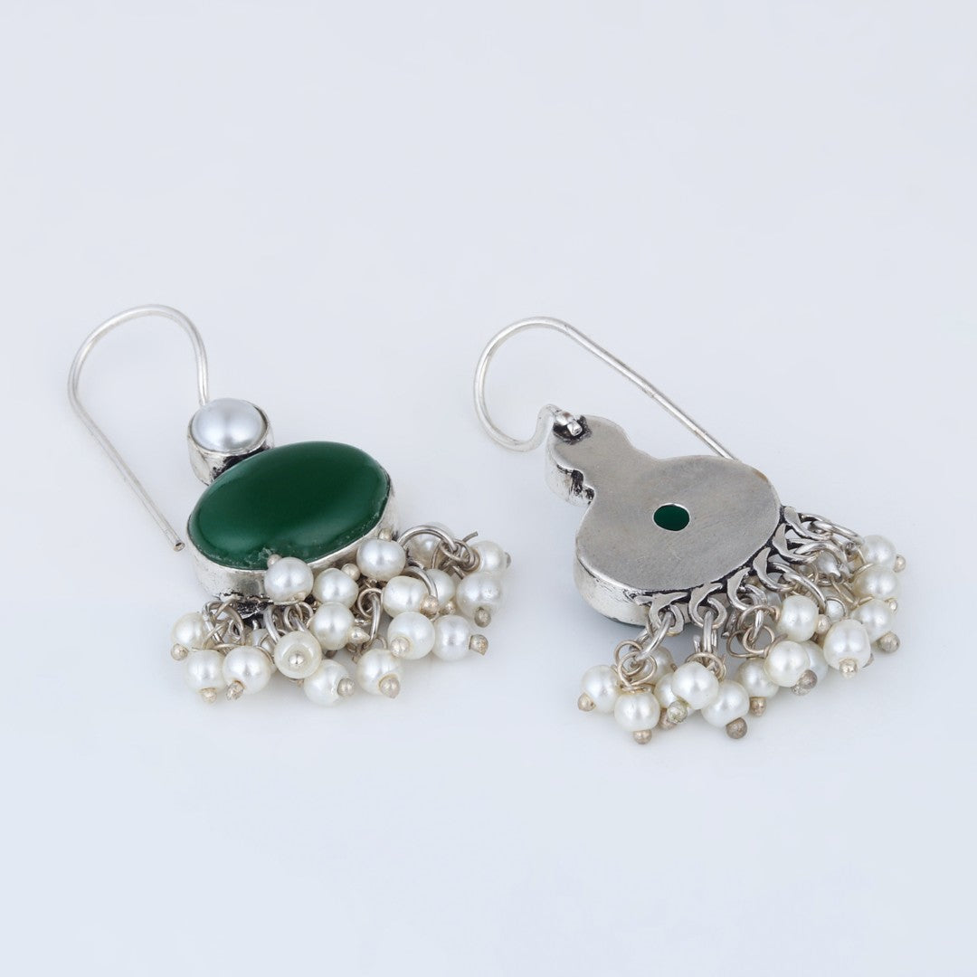 Green Stone Pearl Fringe Drop Earrings
