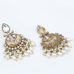 Gold-Plated Meenakari Chandbali Earrings with Kundan & Pearl Drops - White