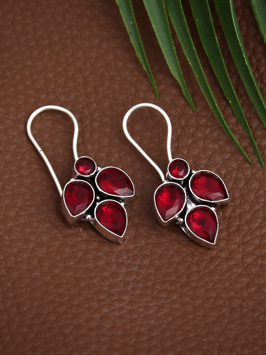 Silver Oxidised finish Red stone work drop earring