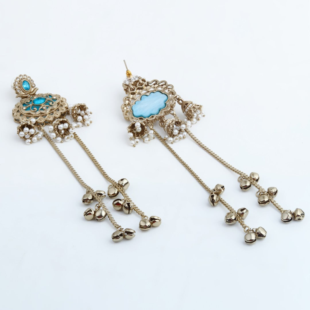 Gold-Toned Long Drop Earrings with Turquoise Stone Accents