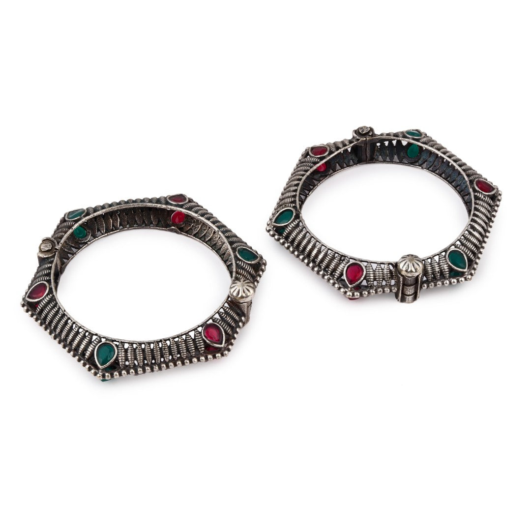 Hexagonal Oxidized Bangle with Red-Green Stones