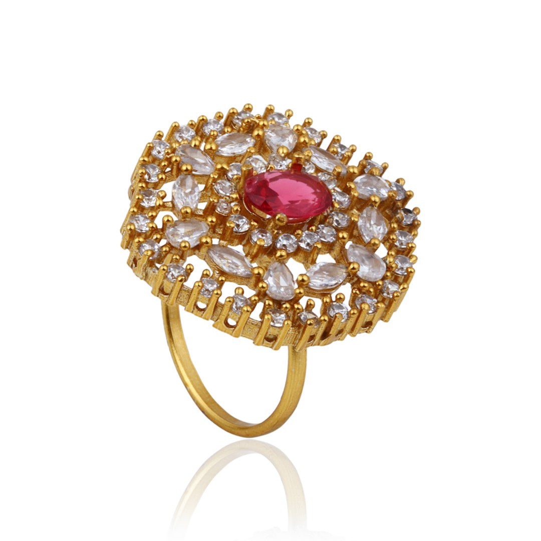 Ruby Red Stone & Crystal Floral Ring