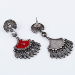 Silver Oxidised finish Red hand painted drop earring