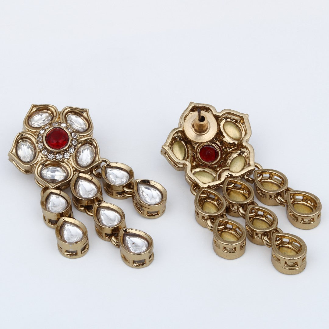 Gold plated Kundan flower drop Earrings - Red