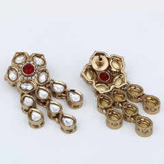Gold plated Kundan flower drop Earrings - Red