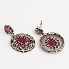 Elegant Oval Drop Earrings – Silver Oxidised Finish red