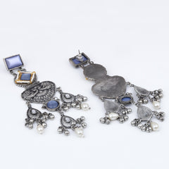 Silver oxydised lightweight long Drop Earring with Blue Stone